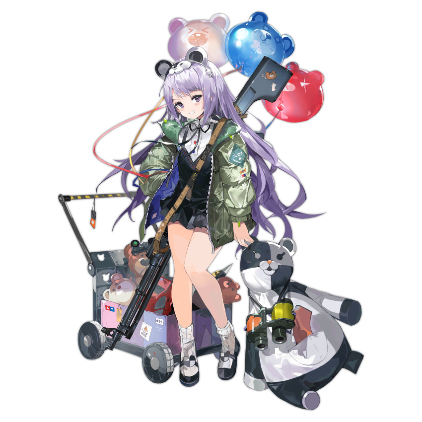 &gt;_&lt; 1girl aged_down alchemaniac animal_balloon animal_ear_headwear balloon binoculars black_dress black_footwear black_ribbon dress full_body girls'_frontline green_jacket grin gun gun_on_back hairband hand_in_pocket highres jacket light_blush light_machine_gun long_hair long_sleeves looking_at_viewer mary_janes neck_ribbon o_o official_alternate_costume official_art purple_eyes purple_hair ribbed_socks ribbon rpk rpk-203_(girls'_frontline) rpk-203_(little_volunteer)_(girls'_frontline) shirt shoes simple_background smile socks solo standing sticker stuffed_animal stuffed_panda stuffed_toy teddy_bear toy_wagon transparent_background two-tone_hairband very_long_hair weapon weapon_on_back white_shirt white_socks