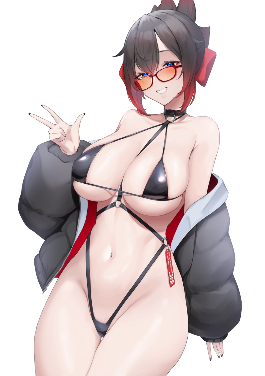 1girl artist_name black_bra black_hair black_jacket black_nails black_panties blue_eyes bow bra breasts colored_tips commentary commission cowboy_shot crossed_bangs english_text fingernails glasses grin hair_between_eyes hair_bow hand_up harness highres jacket jacket_partially_removed large_breasts long_sleeves looking_at_viewer looking_over_eyewear multicolored_hair nail_polish navel open_clothes open_jacket open_mouth orange-tinted_eyewear original panties puffy_sleeves red-framed_eyewear red_bow red_hair short_hair sidelocks simple_background skeb_commission smile solo suzuya_(maru) tag teeth tinted_eyewear underwear v white_background