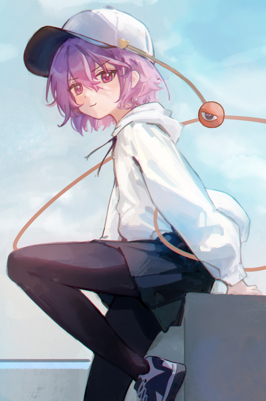 1girl absurdres alternate_costume black_pantyhose black_skirt calcite closed_mouth eyeball hair_between_eyes hat highres hood hoodie komeiji_satori long_sleeves pantyhose pink_eyes pink_hair shoes short_hair skirt solo third_eye touhou white_headwear white_hoodie