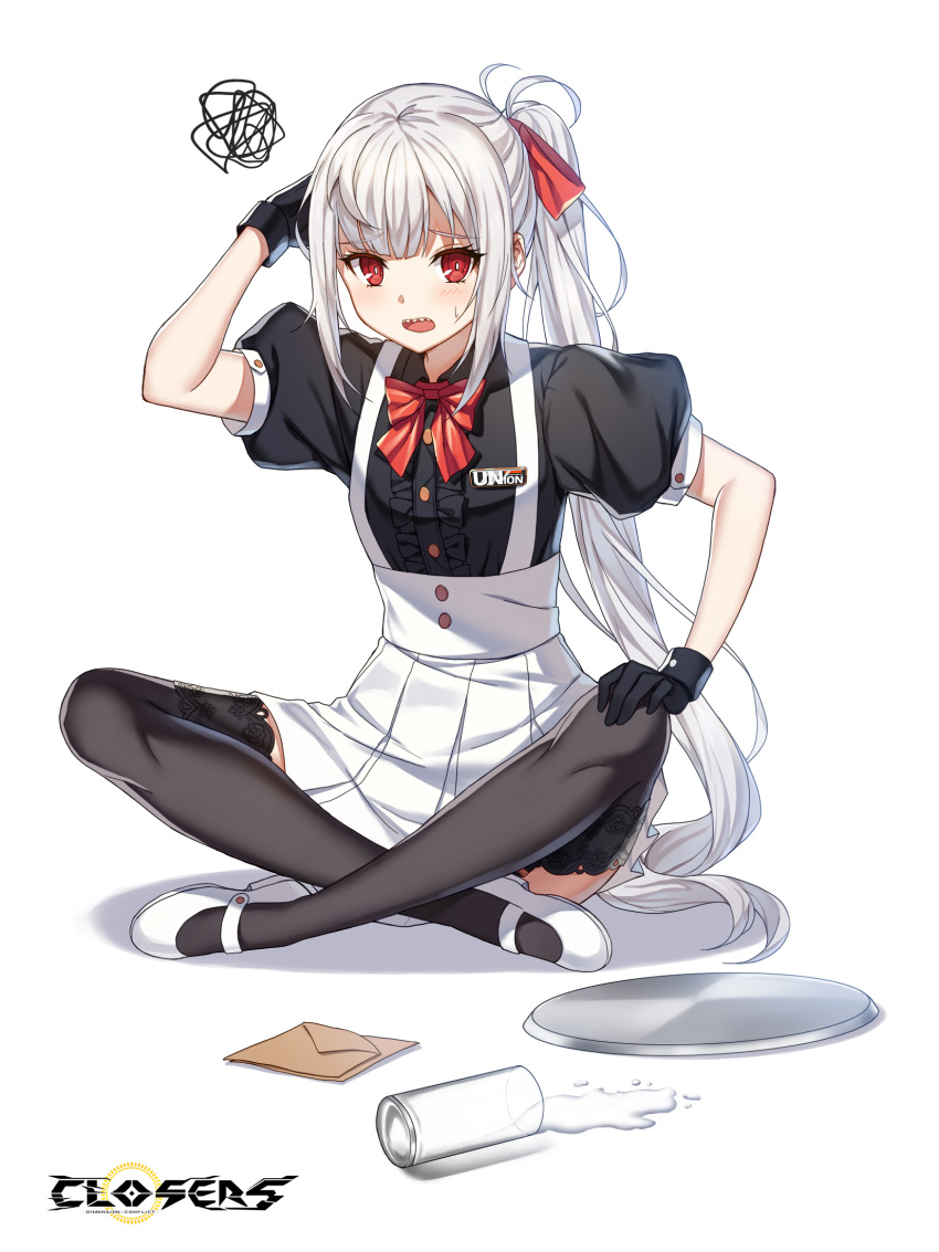 1girl :o alternate_hair_color badge black_gloves black_shirt black_thighhighs blush bow bowtie breasts bright_pupils center_frills closers collared_shirt copyright_name crossed_ankles cup drinking_glass frills full_body furrowed_brow garter_straps gloves hair_bow hand_on_own_head hand_on_own_knee hand_up high-waist_skirt highres indian_style lace-trimmed_thighhighs logo long_hair looking_at_viewer mary_janes miniskirt official_art open_mouth pleated_skirt ponytail puffy_short_sleeves puffy_sleeves rag red_bow red_bowtie red_eyes seth_(closers) sharp_teeth shirt shoes short_sleeves sidelocks sitting skirt small_breasts solo spill squiggle suspender_skirt suspenders sweatdrop tachi-e teeth thighhighs tray underbust upper_teeth_only very_long_hair waitress water white_background white_footwear white_hair white_pupils white_skirt zettai_ryouiki