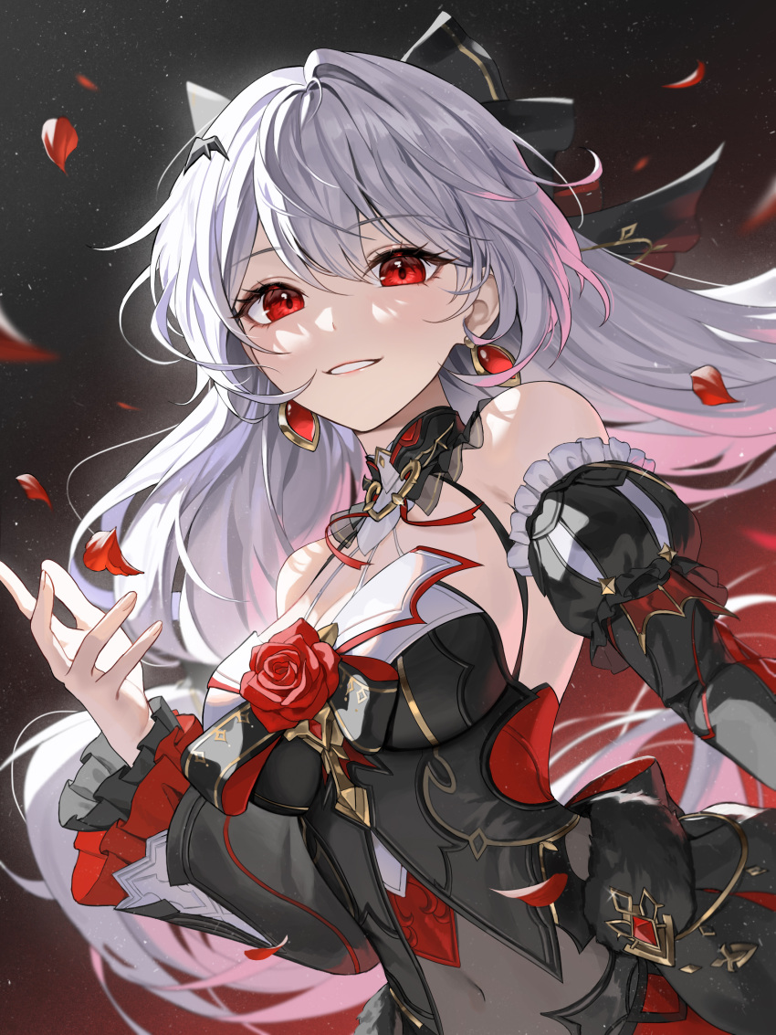 1girl absurdres bat_hair_ornament black_dress black_sleeves breasts covered_navel detached_sleeves dress duplicate earrings falling_petals floating_hair flower hair_between_eyes hair_ornament heartki highres honkai_(series) honkai_impact_3rd jewelry looking_at_viewer luna_(honkai_impact) medium_breasts petals pixel-perfect_duplicate red_eyes red_flower red_petals red_rose rose smile solo theresa_apocalypse theresa_apocalypse_(lunar_vow:_crimson_love) vampire white_hair