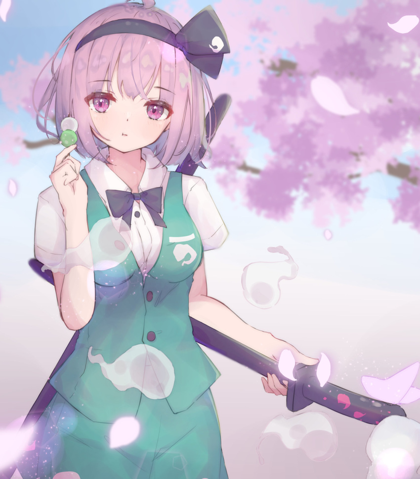 1girl absurdres black_bow black_bowtie black_hairband bow bowtie cherry_blossoms closed_mouth collared_shirt commentary_request cosplay dango food green_skirt green_vest hairband highres holding holding_manga holding_sword holding_weapon katana konpaku_youmu konpaku_youmu_(cosplay) looking_at_viewer matcha_yado outdoors pink_eyes pink_hair saigyouji_yuyuko sanshoku_dango shirt short_hair short_sleeves skirt solo sword touhou vest wagashi weapon white_shirt