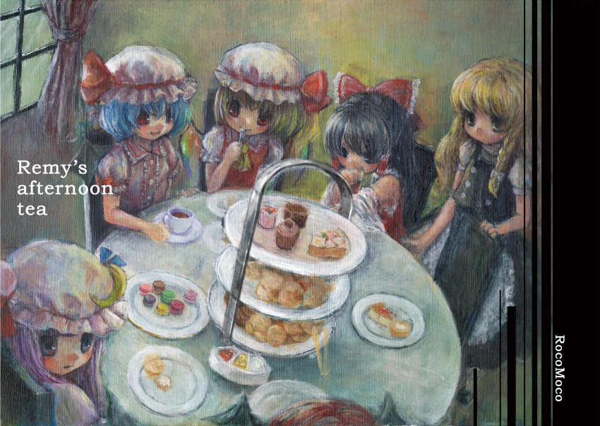 6+girls apron ascot bare_shoulders bat_wings black_hair black_skirt black_vest black_wings blonde_hair blue_hair bow center_frills chair character_name crescent crescent_hat_ornament cup curtains detached_sleeves eating english_text flandre_scarlet food frilled_apron frilled_bow frilled_hair_tubes frilled_shirt_collar frilled_sleeves frills hair_bow hair_tubes hakurei_reimu hat hat_ornament hat_ribbon head_wings highres indoors kirisame_marisa koakuma looking_at_another macaron mob_cap muffin multicolored_wings multiple_girls patchouli_knowledge pink_headwear pink_shirt plate pudding puffy_short_sleeves puffy_sleeves purple_eyes purple_hair red_bow red_eyes red_hair red_ribbon red_shirt red_vest remilia_scarlet ribbon sarashi saucer sawada_moco shirt short_sleeves sitting skirt sleeveless sleeveless_shirt table teacup tiered_tray touhou vest waist_apron white_apron white_headwear white_shirt window wings yellow_ascot yellow_eyes