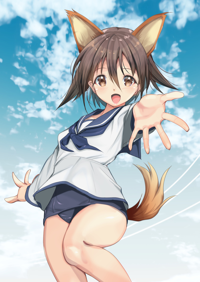 1girl absurdres animal_ears blue_one-piece_swimsuit blue_sailor_collar blue_sky brown_eyes brown_hair cloud commentary_request cowboy_shot dog_ears dog_tail extra_ears foreshortening hair_flaps highres miyafuji_yoshika one-piece_swimsuit sailor_collar sailor_shirt school_swimsuit shirt short_hair sky smile solo strike_witches swimsuit swimsuit_under_clothes tail white_shirt world_witches_series yashin_(yasinz)