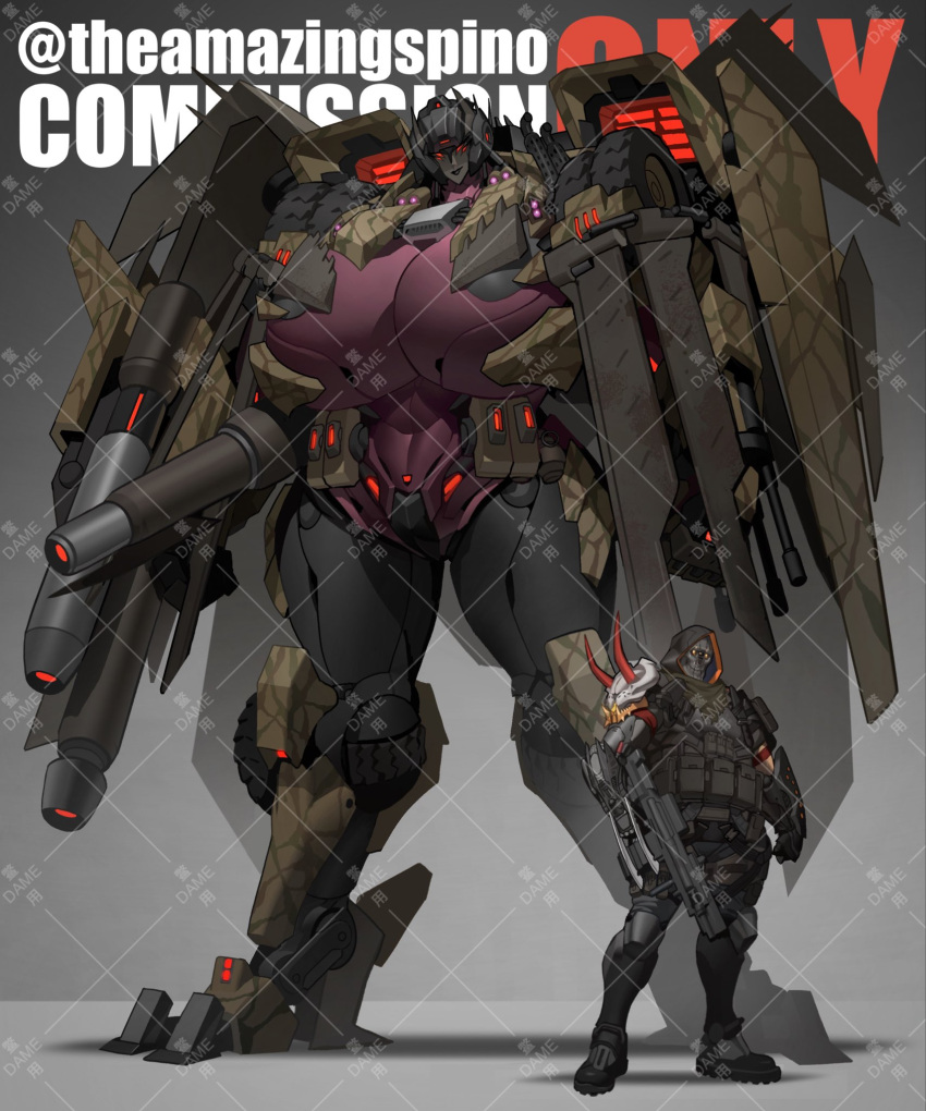 1boy 1girl arm_cannon black_gloves black_lips breasts bulletproof_vest claw_(weapon) clenched_hand commission extra_eyes gigantic_breasts gloves gun head_tilt highres holding holding_gun holding_weapon hood hood_up kamitoge_supino mecha navel original red_eyes robot shoulder_spikes skull smile spikes twitter_username watermark weapon wheel