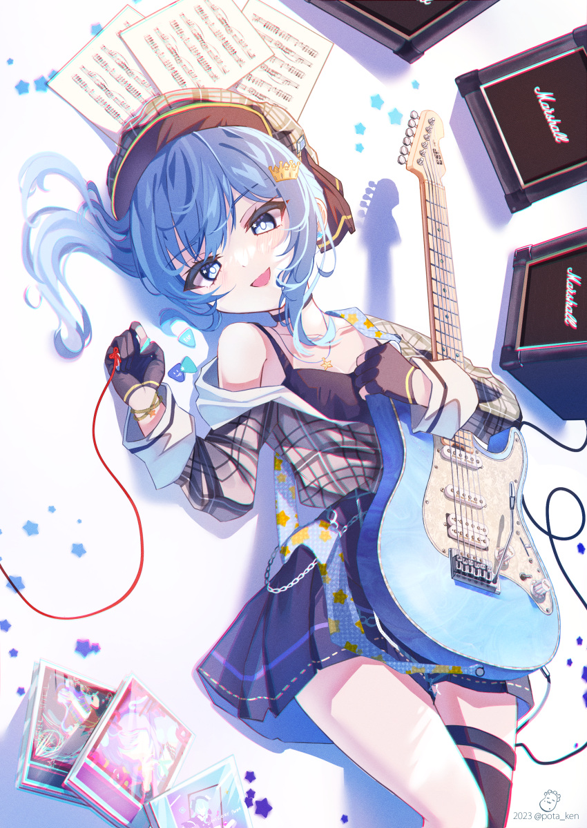 1girl absurdres amplifier beret black_camisole black_choker black_skirt blue_eyes blue_hair camisole cd_case chain choker commentary_request electric_guitar english_commentary esp_guitars gloves guitar hat highres holding holding_instrument hololive hoshimachi_suisei hoshimachi_suisei_(1st_costume) instrument jacket long_hair looking_at_viewer lying marshall mixed-language_commentary on_back open_mouth partially_fingerless_gloves plaid plaid_jacket pleated_skirt plectrum pota_ken sheet_music side_ponytail skirt smile solo string string_of_fate twitter_username virtual_youtuber