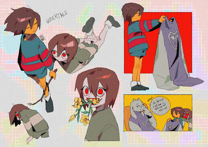 1girl 2others blue_sweater branch brown_hair buttercup_(flower) chara_(undertale) colored_skin dress flower frisk_(undertale) green_sweater highres holding holding_branch long_sleeves looking_at_viewer multiple_others open_mouth purple_dress red_eyes shd_eod shoes short_hair smile striped striped_sweater sweater toriel undertale yellow_flower yellow_skin