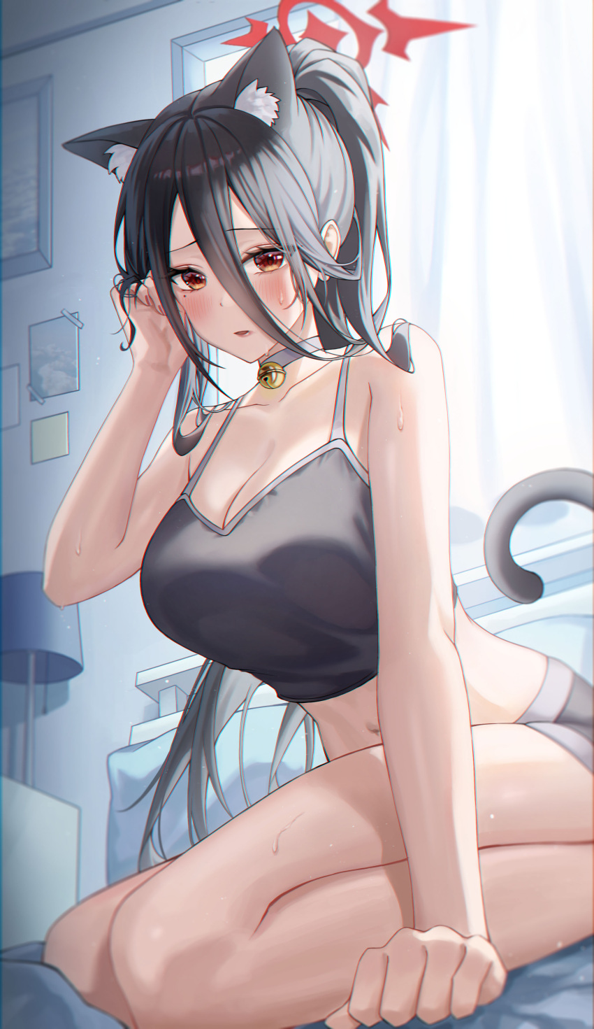 1girl absurdres alternate_costume animal_ears bare_arms bare_legs bare_shoulders bedroom bell black_hair black_shirt black_shorts blue_archive breasts camisole cat_ears cat_tail cleavage crop_top extra_ears grey_choker hair_between_eyes halo hand_up hasumi_(blue_archive) highres indoors jingle_bell kemonomimi_mode large_breasts long_hair looking_at_viewer mella_(mell_a12) micro_shorts midriff mole mole_under_eye navel on_bed parted_lips ponytail red_eyes seiza shirt shorts sitting sleeveless sleeveless_shirt solo spaghetti_strap stomach sweat tail thighs very_long_hair