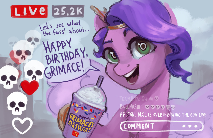 beverage bone comment crown dairy_products digital_media_(artwork) emoji equid equine eyebrows feathered_wings feathers female feral food fur green_eyes grimace_shake hair hasbro headgear hi_res holding_object hooves jewellier_(artist) mammal mcdonald's milkshake mlp_g5 my_little_pony open_mouth open_smile pegasus pink_body pink_feathers pink_fur pipp_petals_(mlp) purple_hair skull smile straw teeth whipped_cream wings