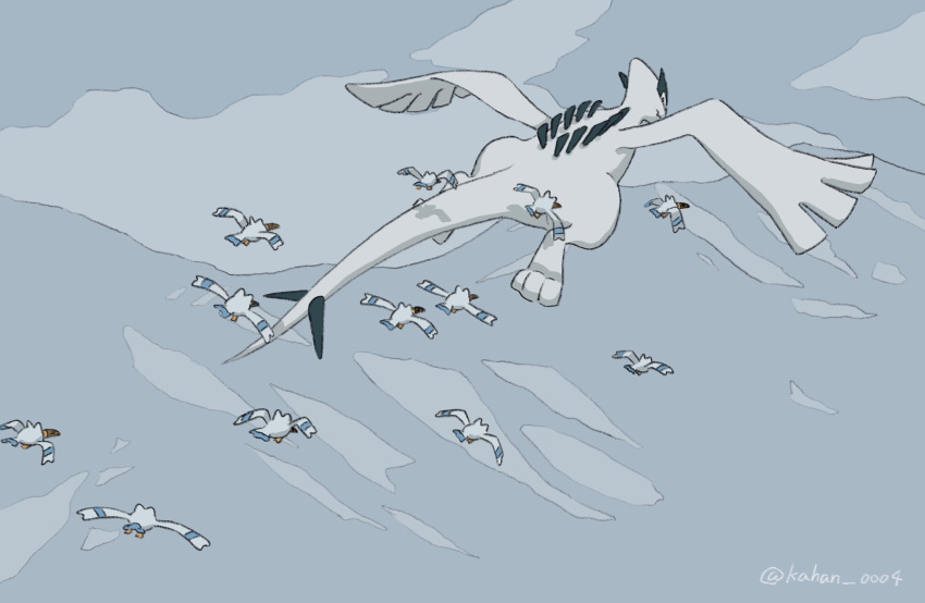 bird black_eyes closed_mouth flying from_above highres kahan_0004 looking_back lugia no_humans pokemon pokemon_(creature) twitter_username watermark wingull