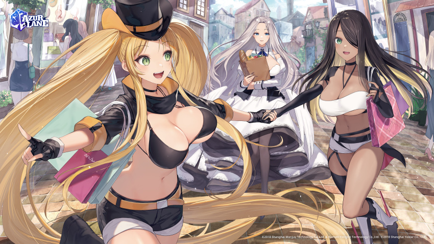 6+girls azur_lane bag black_choker black_gloves black_hair black_headwear black_shorts blonde_hair breasts brown_pantyhose choker cleavage cowboy_hat dark-skinned_female dark_skin dress fingerless_gloves forehead gloves green_eyes hair_over_one_eye hat highres holding holding_bag holding_hands hornet_(azur_lane) hornet_ii_(azur_lane) index_finger_raised large_breasts long_hair looking_at_another multiple_girls navel northampton_(azur_lane) northampton_ii_(azur_lane) open_mouth outdoors pantyhose shorts sidelocks smile stomach swept_bangs tsunakawa twintails very_long_hair white_dress white_hair yorktown_(azur_lane) yorktown_ii_(azur_lane)