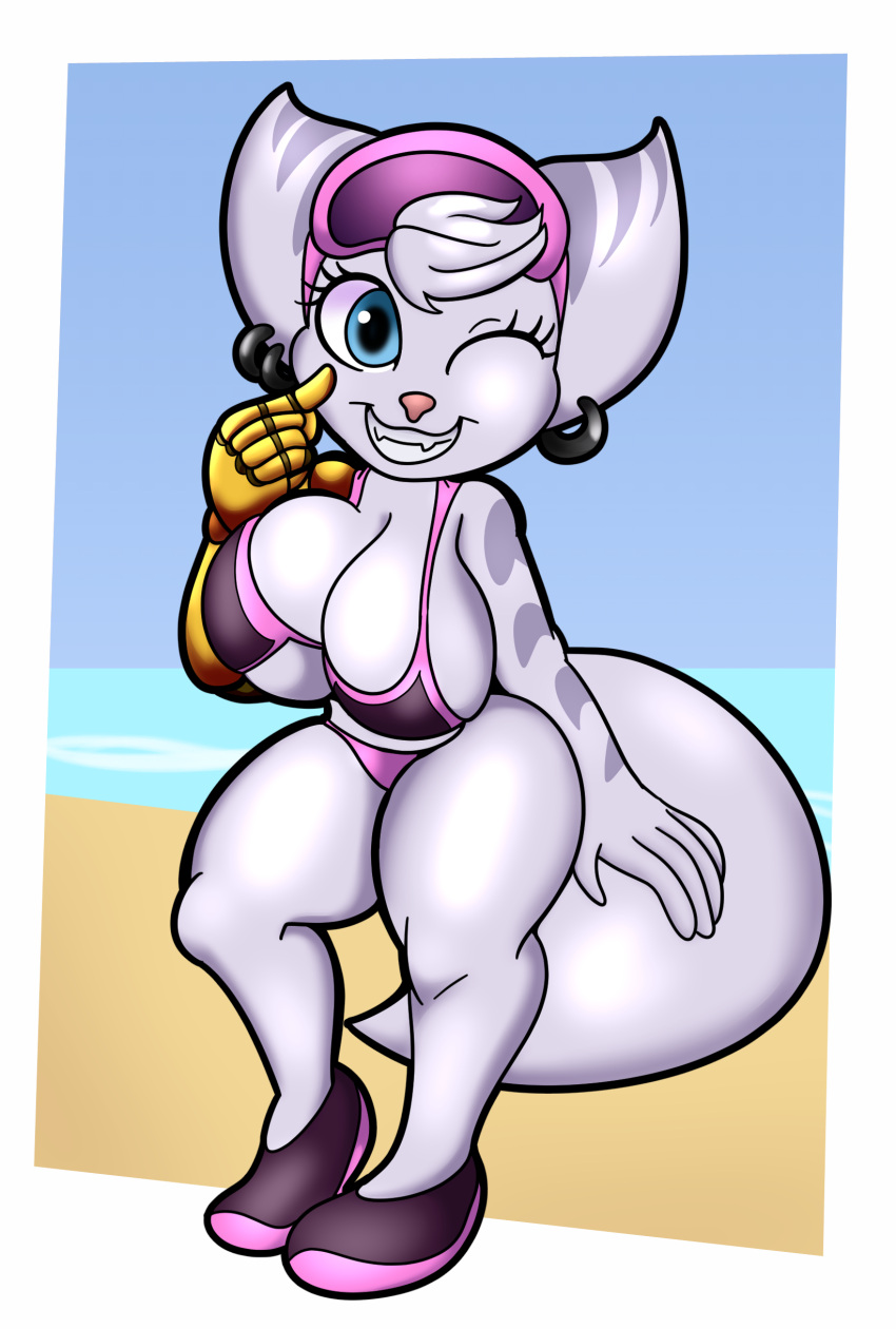 absurd_res anthro beach big_breasts bikini breast_squish breasts clothing cybernetic_arm cybernetic_limb ear_piercing ear_ring eyewear eyewear_on_head female hi_res lombax looking_at_viewer mammal one_eye_closed piercing ratchet_and_clank ring_piercing rivet_(ratchet_and_clank) robotic_arm seaside solo someth1ngoranother sony_corporation sony_interactive_entertainment squish sunglasses sunglasses_on_head swimwear wink