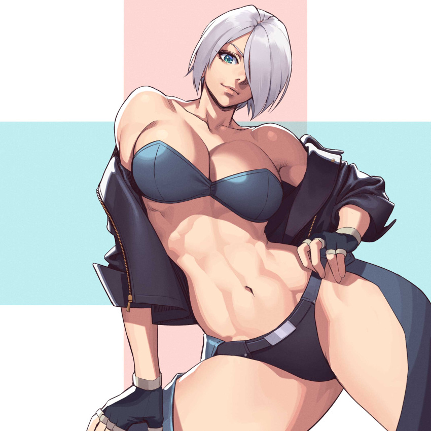 1girl abs angel_(kof) backless_pants blue_eyes bra breasts chaps cropped_jacket fingerless_gloves gloves hair_over_one_eye highres jacket large_breasts leather leather_jacket looking_at_viewer midriff navel ogami panties pants short_hair smile snk solo strapless strapless_bra the_king_of_fighters the_king_of_fighters_xiv toned underwear white_hair