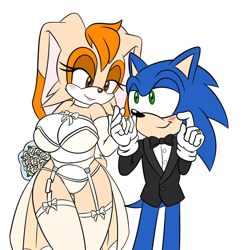 anthro big_breasts blue_body blue_fur blush breasts bridal_lingerie clothing digit_ring eulipotyphlan female fur gloves green_eyes hair handwear hedgehog hi_res huge_breasts husband_and_wife jewelry lagomorph legwear leporid lingerie male male/female mammal married married_couple mature_female rabbit ring sega smile sonic_the_hedgehog sonic_the_hedgehog_(series) sonicguru thick_thighs vanilla_the_rabbit wedding_lingerie wedding_ring