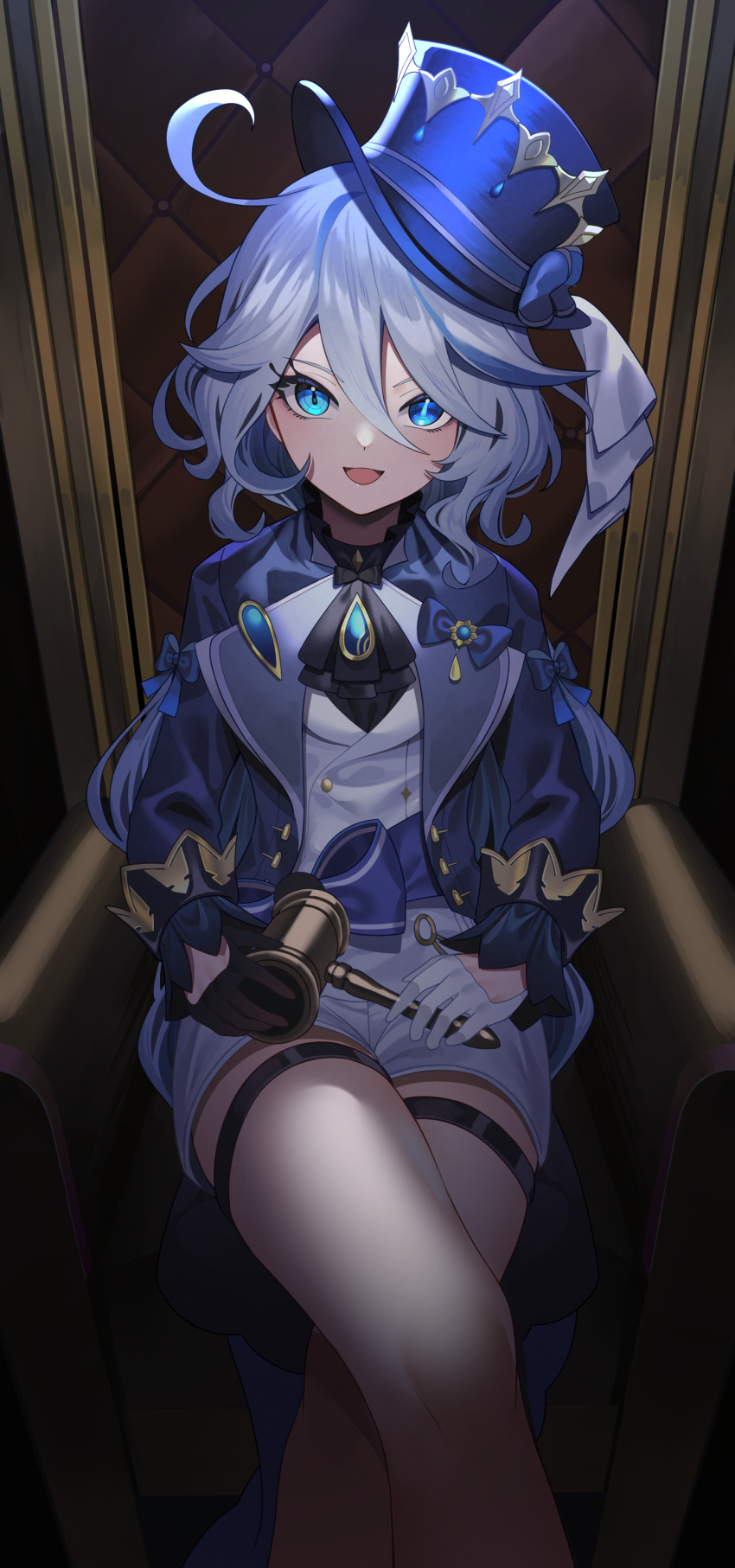 1girl absurdres ahoge ascot black_ascot black_gloves blue_eyes blue_hair blue_headwear blue_jacket chair commentary crossed_legs furina_(genshin_impact) genshin_impact gloves hair_between_eyes hammer hat highres holding holding_hammer holding_mallet jacket light_blue_hair looking_at_viewer mallet on_chair open_mouth shirt shorts sitting smile solo top_hat white_gloves white_shirt white_shorts yuujin_(yuzinn333)