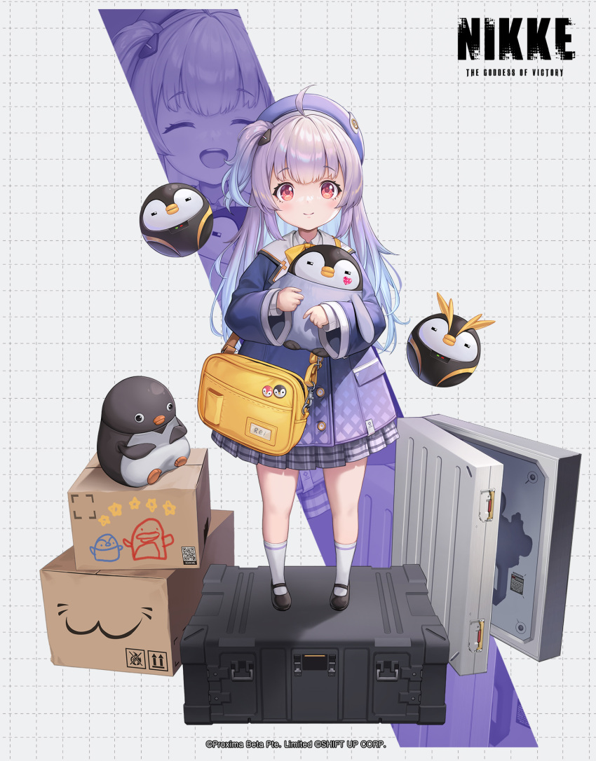 1girl ahoge animal bag beret bird black_footwear blue_hair blunt_bangs bow bowtie box cardboard_box closed_mouth commentary_request dramz full_body goddess_of_victory:_nikke gradient_hair grey_skirt hat heart highres holding holding_animal jacket kneehighs logo long_hair long_sleeves looking_at_viewer mary_janes multicolored_hair official_art one_side_up penguin plaid plaid_skirt pleated_skirt promotional_art purple_hair purple_jacket qr_code red_eyes rei_(nikke) sailor_collar school_bag school_uniform shirt shoes skirt smile socks standing two-tone_hair watermark weapon_case white_sailor_collar white_shirt white_socks yellow_bag yellow_bow yellow_bowtie zoom_layer