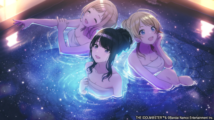 3girls :d ^_^ absurdres ahoge armpit_crease bare_shoulders bathing black_hair blonde_hair blue_eyes breasts cleavage closed_eyes collarbone commentary_request from_above game_cg grabbing_own_arm hachimiya_meguru hair_bun hair_flaps hand_on_own_face highres idolmaster idolmaster_shiny_colors illumination_stars_(idolmaster) kazano_hiori knees light_brown_hair looking_up medium_breasts mole mole_under_mouth multiple_girls naked_towel night official_art onsen outdoors outstretched_arm partially_submerged ponytail purple_eyes reflection reflective_water sakuragi_mano sidelocks single_hair_bun sky small_breasts smile star_(sky) stargazing starry_sky towel water