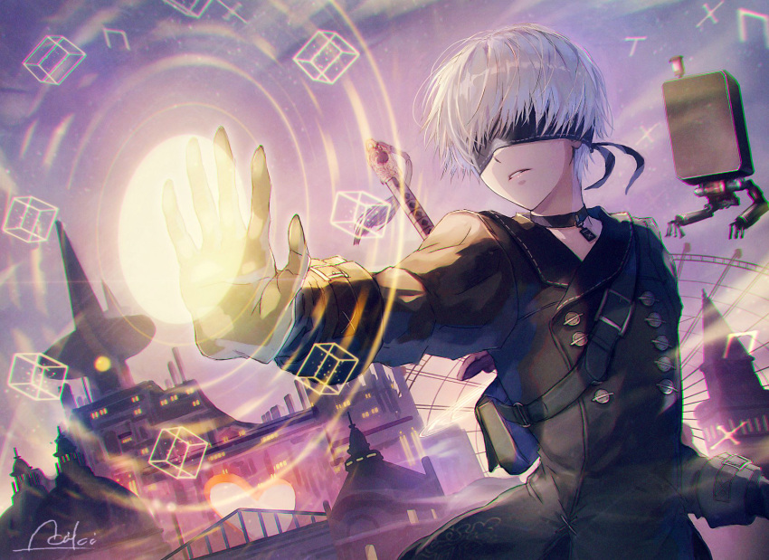 1boy black_blindfold black_coat blindfold coat covered_eyes gloves grey_gloves highres lira_mist long_sleeves male_focus nier:automata nier_(series) outdoors parted_lips pod_(nier:automata) short_hair solo standing upper_body white_hair yorha_no._9_type_s