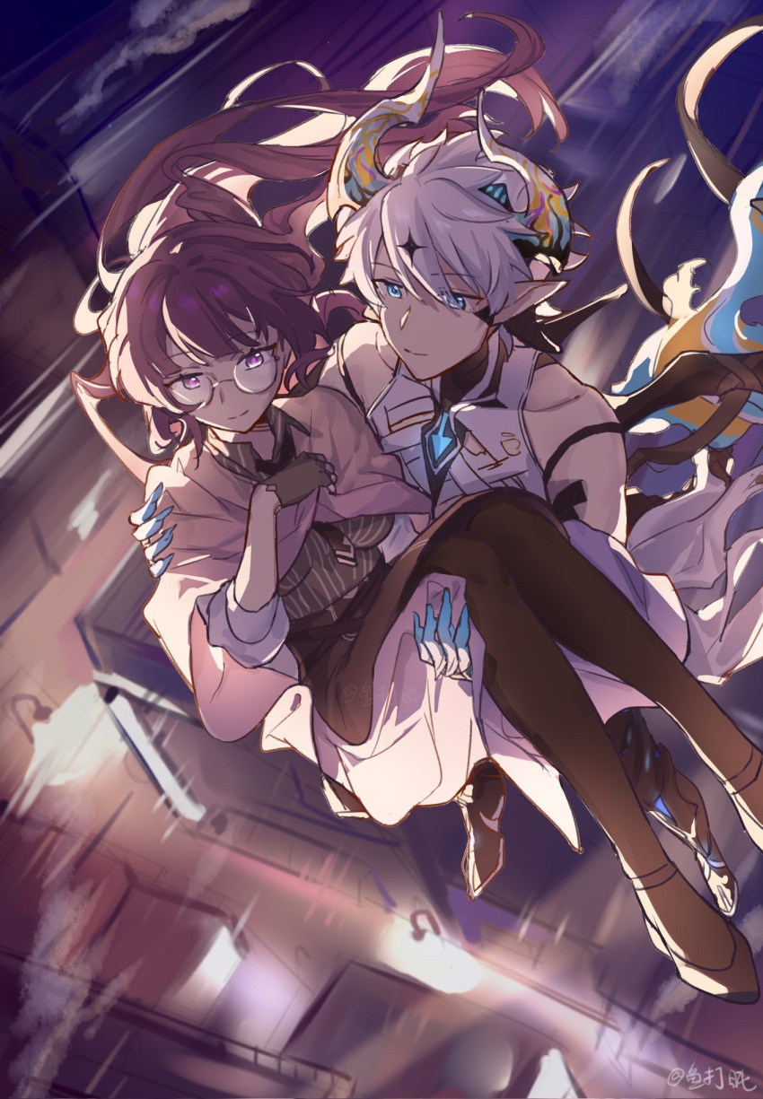 1boy 1girl black_footwear black_necktie blue_eyes carrying chinese_commentary closed_mouth collarbone couple diabolic_kevin_(honkai_impact) glasses hair_ornament hand_on_another's_shoulder hetero highres honkai_(series) honkai_impact_3rd horns kevin_kaslana lab_coat mei_(honkai_impact) necktie pointy_ears princess_carry purple_eyes purple_hair round_eyewear single_wing smile standing star_(symbol) star_hair_ornament white_hair wings yuuz123