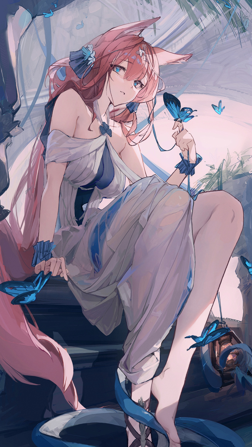 1girl absurdres animal_ear_fluff animal_ears arknights arm_support bare_shoulders barefoot blue_bow blue_eyes blue_ribbon bow breasts bug butterfly collarbone dress eyelashes feet full_body grey_dress hair_between_eyes hair_ornament hair_ribbon hand_up heidi_(a_thousand_correspondences)_(arknights) heidi_(arknights) highres kioroshin knees_up lantern legs legs_together long_hair looking_at_viewer medium_breasts official_alternate_costume parted_lips pink_hair ribbon sandals scrunchie sidelocks single_sandal sitting solo toes very_long_hair wrist_scrunchie