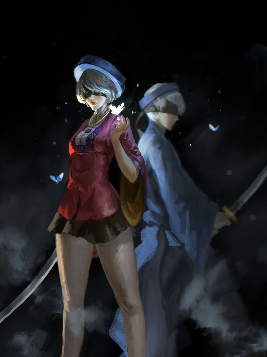 2b_(nier:automata) absurdres ao_nhat_binh black_blindfold black_hair blindfold bug butterfly dark_background highres holding holding_sword holding_weapon jewelry khan_van miniskirt nasta55 necklace nier:automata nier_(series) portrait short_hair skirt sword vietnamese_clothes vietnamese_dress weapon white_hair wide_sleeves