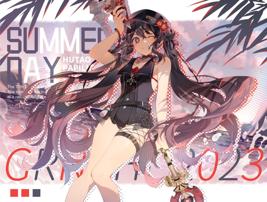 1girl 2023 ;d alternate_costume arm_up bare_shoulders belt black_collar black_headwear black_nails black_one-piece_swimsuit bracelet brown_hair cabbie_hat collar collared_one-piece_swimsuit commentary english_text feet_out_of_frame flower-shaped_pupils food genshin_impact grin hat holding holding_food holding_ice_cream hu_tao_(genshin_impact) ice_cream jewelry knees_together_feet_apart long_hair looking_at_viewer one-piece_swimsuit one_eye_closed pendant red_eyes ring smile solo staff_of_homa_(genshin_impact) swimsuit symbol-shaped_pupils thigh_strap twintails very_long_hair water xuzhi2204