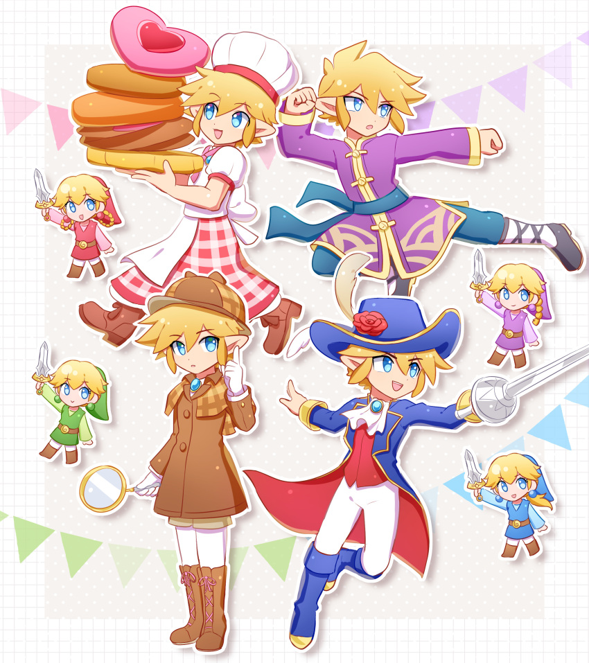 6+boys :d absurdres apron blue_eyes blue_footwear blue_headwear boots brown_coat brown_footwear brown_headwear chef chef_hat coat cosplay deerstalker detective_peach enni epee flying_kick full_body hair_between_eyes hat hat_feather highres holding holding_magnifying_glass holding_sword holding_weapon kicking kung_fu kung_fu_master_peach link magnifying_glass mario_(series) multiple_boys pants pastry_chef_peach princess_peach princess_peach:_showtime! princess_peach_(cosplay) smile sword swordfighter_peach the_legend_of_zelda the_legend_of_zelda:_four_swords weapon white_pants