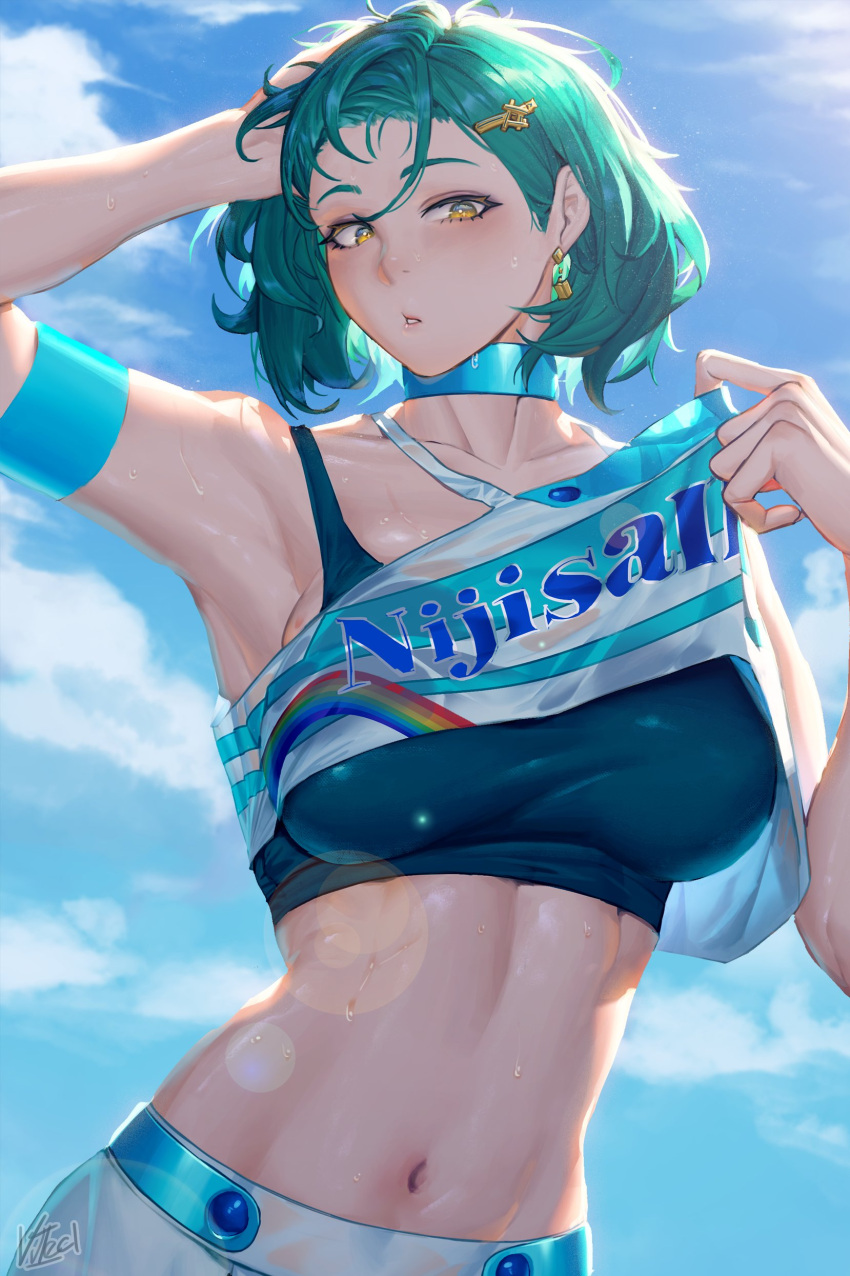 1girl absurdres arm_up armband armpits bare_shoulders blue_sky blush breasts choker clothes_lift cloud collarbone commentary_request cowboy_shot crop_top day earrings green_hair hair_ornament hairclip hand_in_own_hair highres jewelry kitakoji_hisui large_breasts looking_at_viewer medium_breasts midriff navel nijisanji orewajedman outdoors parted_lips shirt_lift short_hair signature sky solo sports_bra stomach sweat upper_body virtual_youtuber yellow_eyes