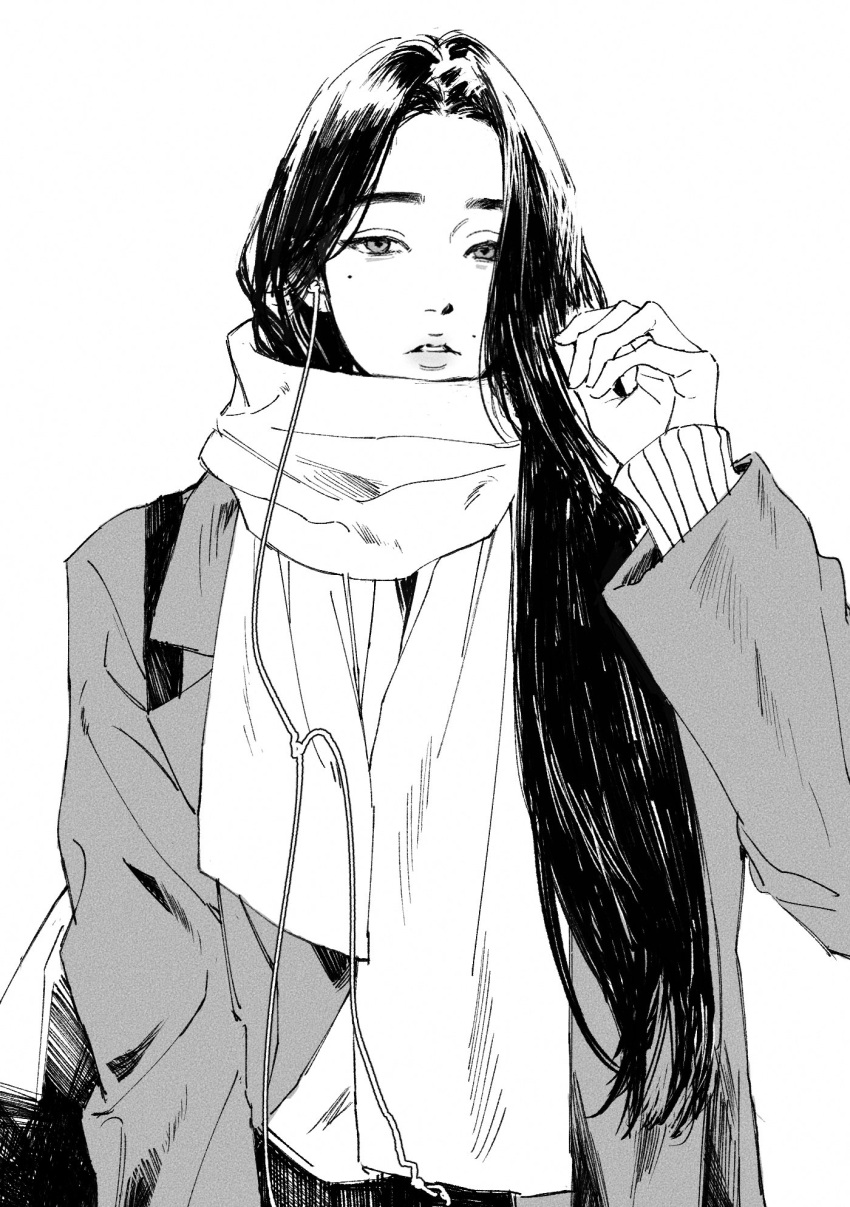 1girl earplugs greyscale hand_in_pocket highres jacket lee_q_p long_hair long_sleeves looking_at_viewer mole mole_above_mouth mole_under_eye monochrome original parted_lips scarf simple_background solo upper_body white_background