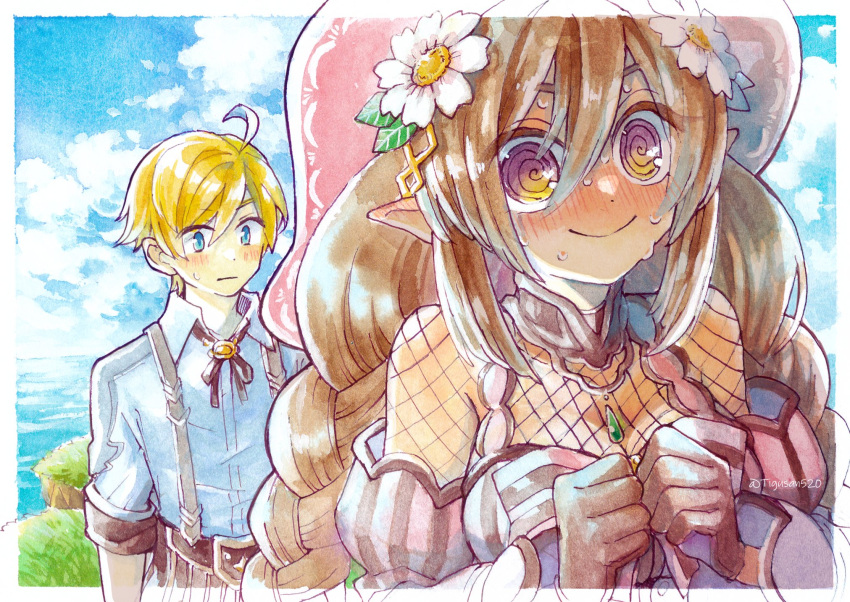 1boy 1girl @_@ ahoge ares_(rune_factory) blonde_hair blue_eyes blue_shirt blush braid brown_hair collared_shirt fishnet_fabric fishnet_top fishnets flower gloves hair_flower hair_ornament hat highres jewelry ludmila_(rune_factory) pendant pink_eyes pointy_ears rune_factory rune_factory_5 shirt sweat tigusan520 twin_braids witch_hat