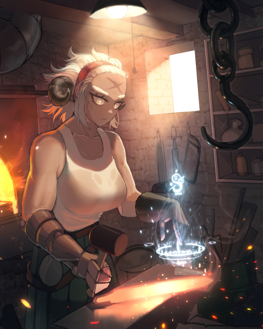 1girl absurdres anvil apron belt blacksmith bottle breasts brown_belt cabinet ceiling_light collarbone commentary cross_scar dark-skinned_female dark_skin embers english_commentary fire forehead forge glowing glowing_hot grey_eyes hair_pulled_back hammer hand_up highres holding holding_hammer hook horns indoors jar large_breasts looking_down magic magic_circle mechanical_arms medium_hair original saku_ram saw scar scar_on_face scar_on_forehead single_mechanical_arm smoke solo tank_top upper_body white_hair white_tank_top window