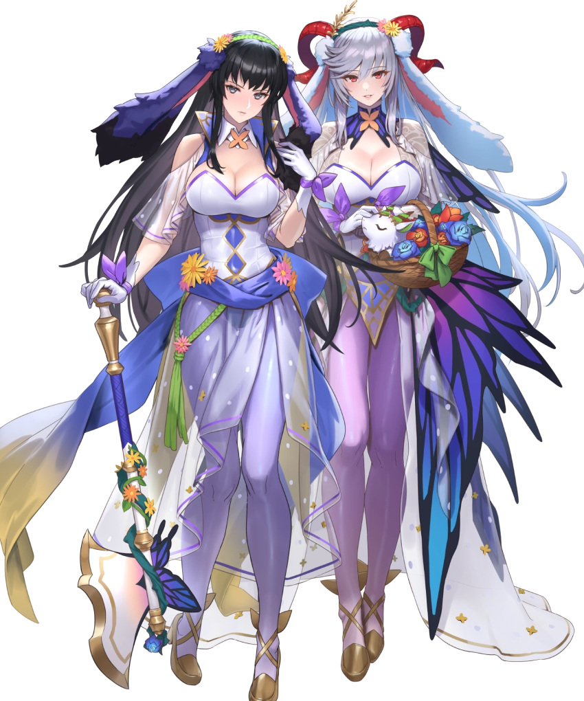 2girls animal_ears bangs black_hair breasts cleavage cuboon curled_horns fire_emblem fire_emblem:_the_blazing_blade fire_emblem_heroes freyja_(fire_emblem) full_body gloves grey_eyes highres horns karla_(fire_emblem) large_breasts long_hair medium_breasts multiple_girls non-web_source official_art pantyhose rabbit_ears red_eyes transparent_background