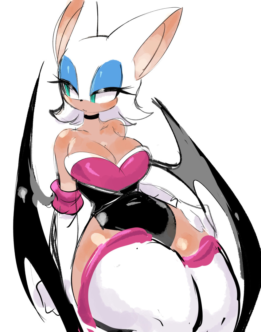 1girl bat_wings black_choker black_wings blue_eyeshadow breasts choker cleavage elbow_gloves eyeshadow furry furry_female gloves green_eyes half-closed_eyes highres large_breasts looking_to_the_side makeup rouge_the_bat simple_background solo sonic_(series) thick_thighs thighhighs thighs usa37107692 white_background white_gloves white_thighhighs wings