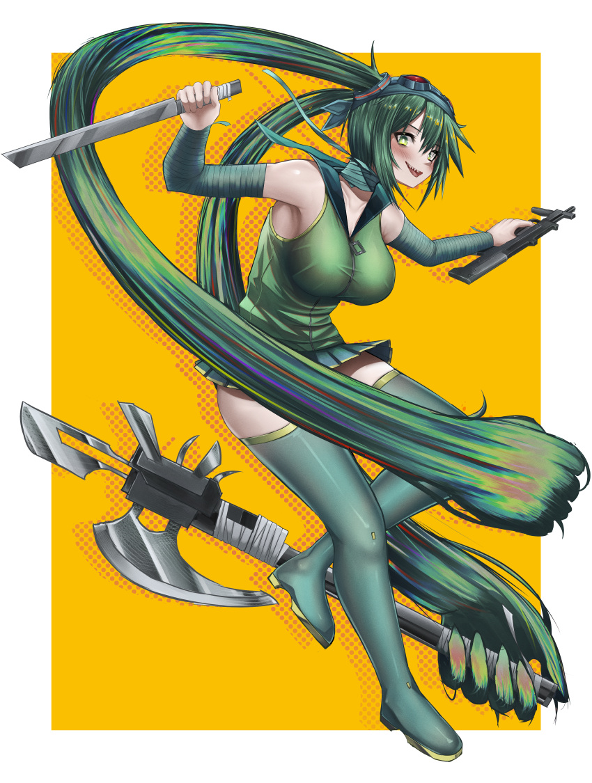 1girl absurdly_long_hair absurdres aqua_sailor_collar arm_wrap axe bandaged_neck bandages battle_axe blush boots border breasts collarbone commentary_request commission english_commentary finger_on_trigger full_body goggles goggles_on_head green_eyes green_footwear green_hair green_skirt green_vest gun hair_censor hatsune_miku highres holding holding_axe holding_gun holding_weapon kafu_(kafu6416) large_breasts long_hair looking_at_viewer machete madness_combat mixed-language_commentary open_mouth original pixiv_commission pleated_skirt prehensile_hair sailor_collar sharp_teeth simple_background skirt sleeveless smile solo teeth thigh_boots triple_wielding twintails upper_teeth_only very_long_hair vest vocaloid weapon weapon_request white_border yellow_background zipper_pull_tab