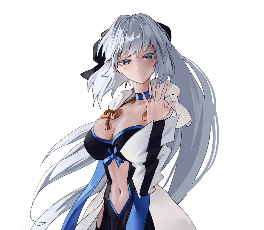 1girl absurdres black_bow black_dress blue_eyes blush bow braid breasts center_opening choker cleavage dress fate/grand_order fate_(series) french_braid grey_hair hair_bow highres jewelry large_breasts long_hair long_sleeves looking_at_viewer morgan_le_fay_(fate) navel obazzotto pelvic_curtain ponytail ring sidelocks smile solo two-tone_dress very_long_hair white_dress wide_sleeves