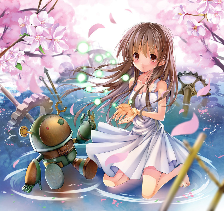 1girl 1other amayofuu bare_arms barefoot blurry blush brown_eyes brown_hair cherry_blossoms clannad closed_mouth commentary_request depth_of_field dress eyes_visible_through_hair falling_petals floating_hair full_body garbage_doll gears girl_from_the_illusionary_world hair_between_eyes highres kneeling light_particles long_hair own_hands_together petals petals_on_liquid ripples second-party_source sidelocks simple_background smile sundress very_long_hair water white_background white_dress