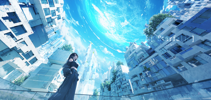 1girl absurdres bare_shoulders black_hair black_jacket black_pants blue_eyes breasts building city cloud crop_top english_text feet_out_of_frame from_below highres jacket large_breasts lifeline_(a384079959) long_hair long_sleeves looking_up midriff off_shoulder open_clothes open_jacket original pants planet railing solo standing