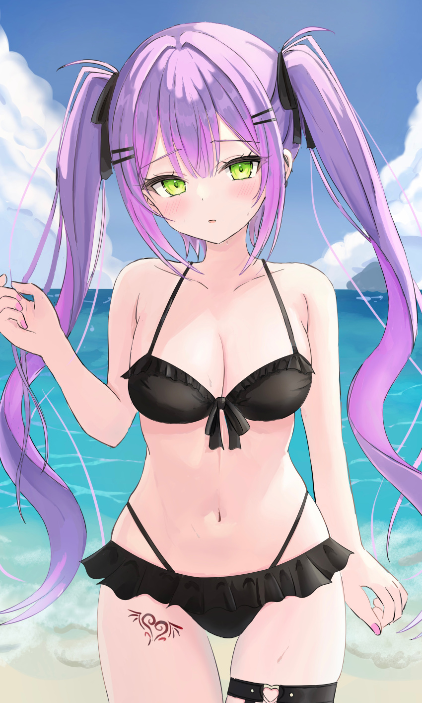 1girl absurdres bare_shoulders beach bikini black_ribbon blush breasts cloud cloudy_sky colored_inner_hair day demon_tail ear_piercing frilled_bikini frills front-tie_bikini_top front-tie_top gradient_hair green_eyes hair_ornament hair_ribbon hairclip highleg highleg_swimsuit highres hololive leg_tattoo long_hair looking_at_viewer medium_breasts multi-strapped_bikini multicolored_hair navel outdoors parted_lips piercing pink_hair purple_hair ribbon sky solo stomach streaked_hair swimsuit tail tamamorh tattoo thigh_strap tokoyami_towa twintails very_long_hair virtual_youtuber