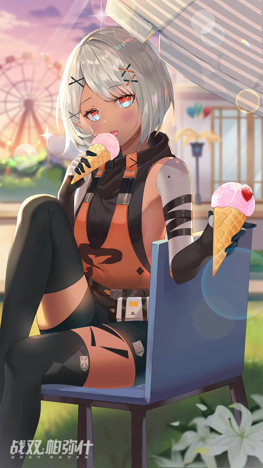 1girl black_gloves black_shorts black_thighhighs blurry blurry_background breasts chair copyright_name day dual_wielding eating elbow_gloves ferris_wheel flower gloves grey_hair hair_ornament hairclip highres holding hum_(ten_ten) ice_cream_cone knee_up lens_flare licking mechanical_arms orange_eyes outdoors punishing:_gray_raven shorts sitting small_breasts sophia_(punishing:_gray_raven) tan thighhighs