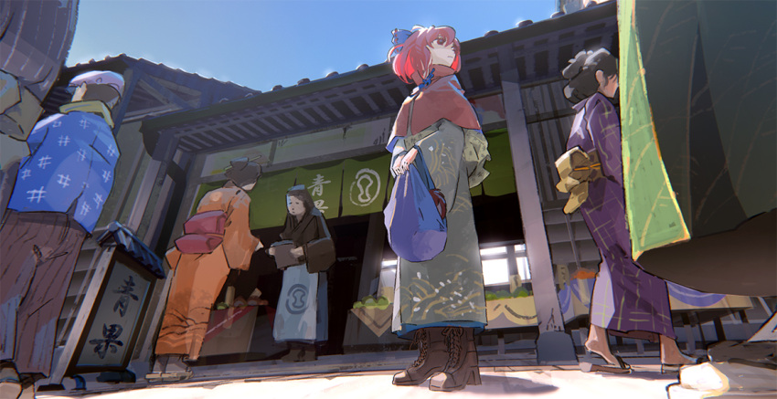 1boy 3girls black_hair boots bow brown_footwear brown_kimono capelet closed_mouth day green_kimono hair_between_eyes hair_bow japanese_clothes kimono long_sleeves multiple_girls niy_(nenenoa) orange_kimono outdoors purple_kimono red_capelet red_eyes red_hair sekibanki short_hair standing touhou wide_sleeves zun