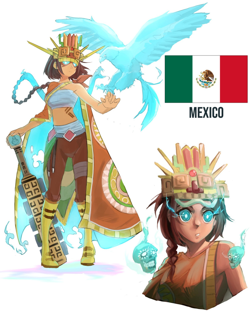 1girl a2t_will_draw aztec bird blue_eyes boots braid brown_hair brown_pants calavera cape eagle glowing glowing_eyes headgear highres macuahuitl mexican_flag mexico no_navel original pants skull snake spirit