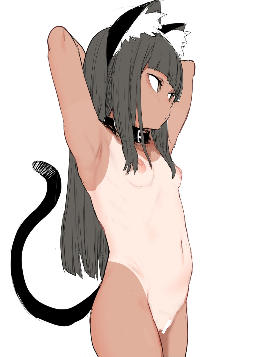 1girl animal_ear_fluff animal_ears armpits arms_behind_head arms_up azuse_neko bar_censor black_collar blunt_bangs breasts brown_eyes cat_ears cat_girl cat_tail censored cleft_of_venus collar completely_nude cowboy_shot expressionless grey_hair highres long_hair looking_to_the_side nipples nude one-piece_tan original pussy simple_background sketch small_breasts solo tail tan tanlines white_background