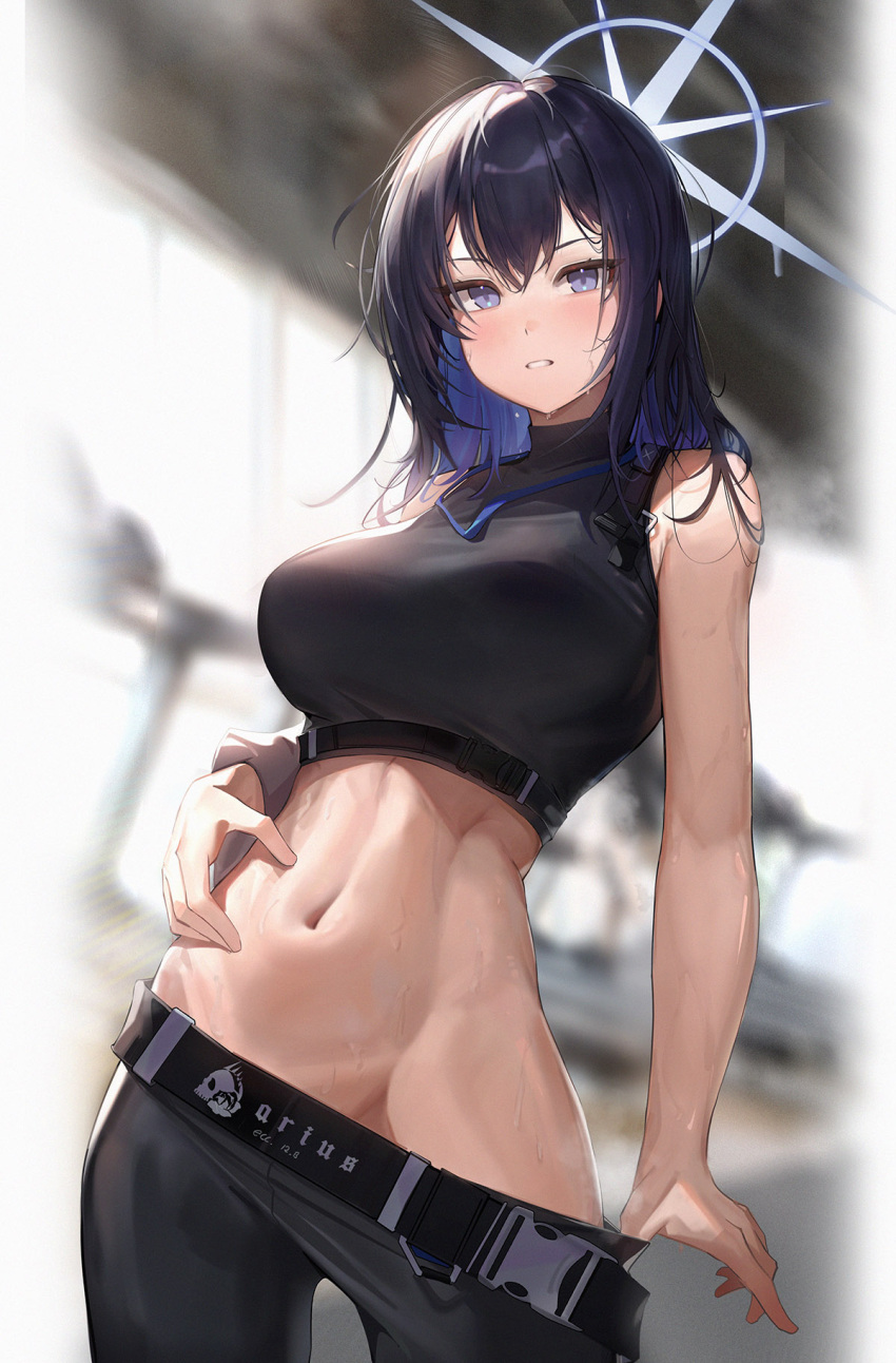 1girl bare_arms bare_shoulders belt black_belt black_gloves black_hair black_pants black_shirt blue_archive blue_eyes blue_hair blurry blurry_background breasts clenched_teeth clothes_pull colored_inner_hair cowboy_shot crop_top dark_blue_hair dfm_(darknessdfm) gloves groin halo hand_on_own_stomach highres large_breasts linea_alba long_hair looking_at_viewer midriff multicolored_hair navel no_headwear no_mask pants pants_pull parted_lips pulled_by_self saori_(blue_archive) shirt sleeveless sleeveless_shirt sleeveless_turtleneck snap-fit_buckle solo standing stomach sweat teeth toned treadmill turtleneck two-tone_hair wet wet_hair