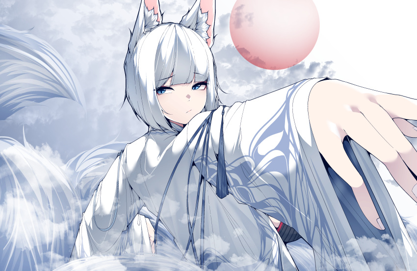 1girl absurdres animal_ear_fluff animal_ears azur_lane blue_eyes cloud expressionless flag_background foreshortening fox_ears fox_tail from_side highres japanese_clothes japanese_flag kaga_(azur_lane) kimono kitsune kyuubi long_bangs long_sleeves looking_at_viewer multiple_tails outstretched_arm print_kimono raised_eyebrows samip short_hair sidelocks solo tail white_hair white_kimono wide_sleeves