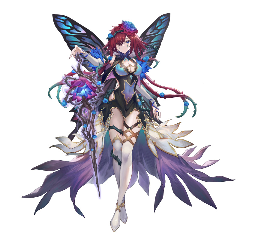 1girl absurdres artist_request blue_eyes boots breasts brown_hair butterfly_wings cleavage covered_navel fairy fairy_wings fire_emblem fire_emblem_heroes floating floating_object floating_weapon flower full_body hair_flower hair_ornament haru_(hiyori-kohal) highres medium_breasts navel official_alternate_costume official_art plant_hair solo sword thigh_boots thighhighs transparent_background triandra_(fire_emblem) weapon white_thighhighs wings