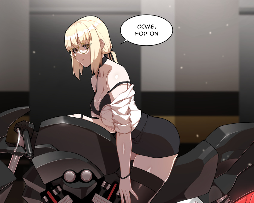 alternate_costume artoria_pendragon_(fate) black_bra black_thighhighs blonde_hair bra bra_strap bracelet choker english_text fate/grand_order fate_(series) glasses highres hyperbudd jewelry leaning_forward miniskirt motor_vehicle motorcycle off_shoulder open_clothes open_shirt pale_skin pencil_skirt saber_alter shirt sidelocks skindentation skirt speech_bubble thighhighs underwear white_shirt zettai_ryouiki