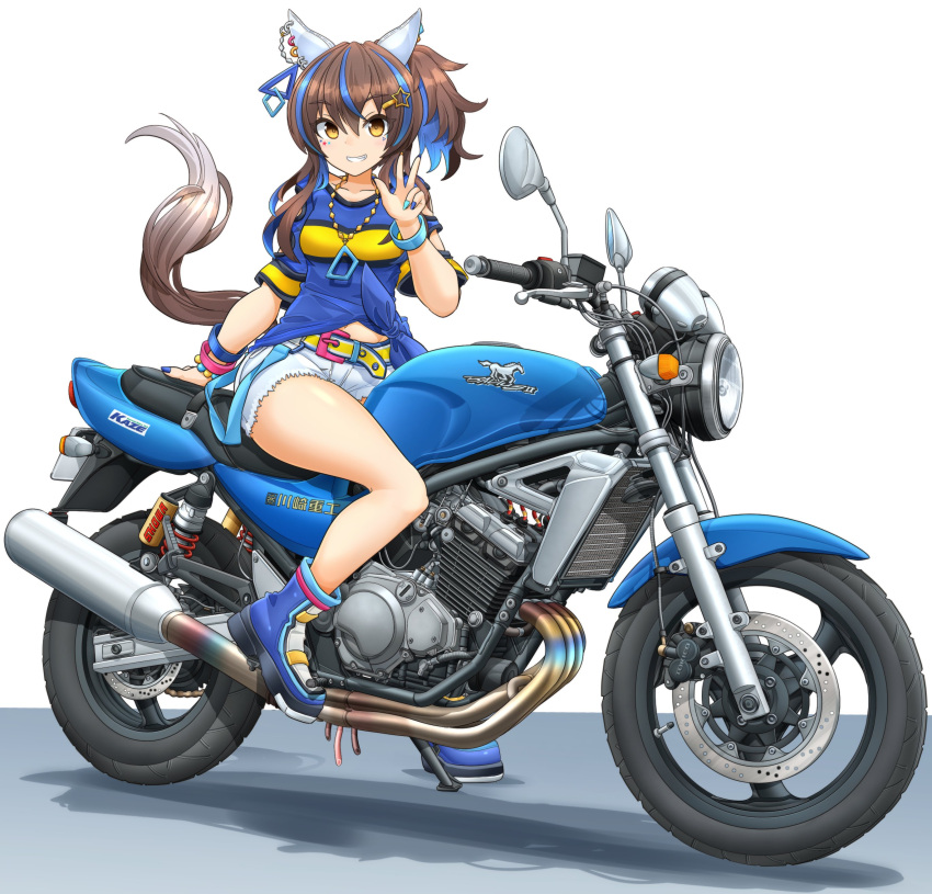 1girl absurdres animal_ears blue_footwear blue_hair blue_shirt daitaku_helios_(umamusume) ear_covers full_body gyaru highres horse_ears horse_girl horse_tail kawasaki long_hair looking_at_viewer mikeran_(mikelan) motor_vehicle motorcycle multicolored_hair shirt short_shorts shorts simple_background smile solo streaked_hair tail two-tone_hair umamusume white_background white_shorts yellow_eyes