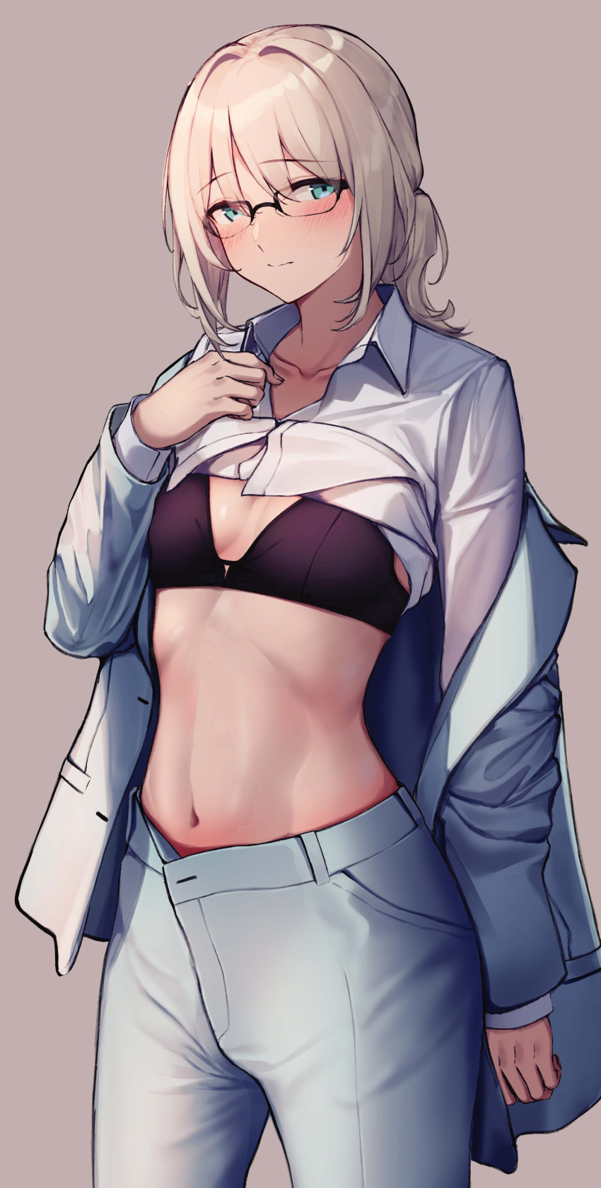 1girl 3_small_spiders absurdres an-94_(antje)_(girls'_frontline) an-94_(girls'_frontline) aqua_eyes aqua_jacket aqua_pants black_bra blonde_hair blue_suit blush bra breasts business_suit closed_mouth clothes_lift collared_shirt cowboy_shot girls'_frontline glasses grey_background highres jacket long_hair looking_at_viewer low-tied_long_hair navel pants shirt shirt_lift small_breasts solo stomach suit underwear white_shirt