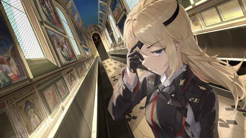 absurdres arm_up black_dress black_gloves blonde_hair blue_eyes chuunibyou dress eyepatch gloves goddess_of_victory:_nikke guillotine_(nikke) half_gloves hallway hand_over_eye highres indoors long_hair looking_at_viewer military military_uniform pray_(furei) shoes skirt solo standing uniform wavy_hair