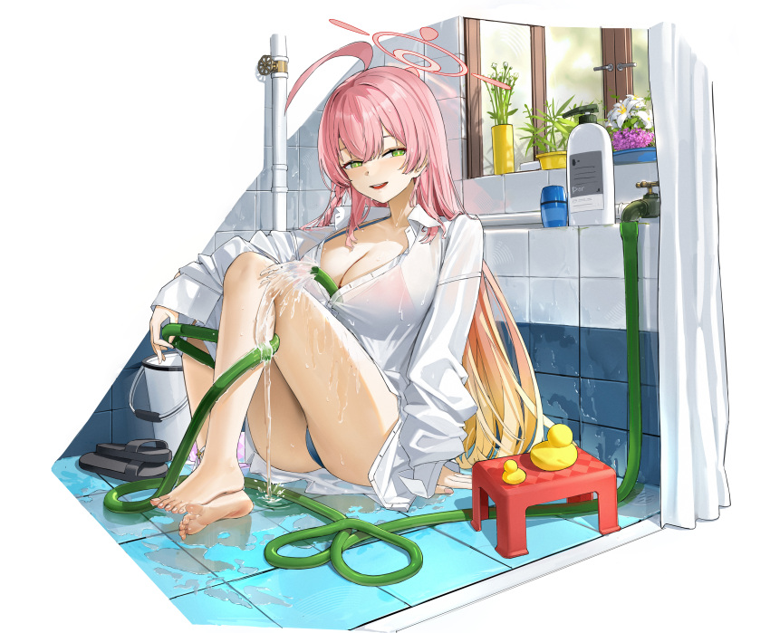 1girl absurdres ahoge barefoot bathroom bikini bikini_under_clothes blue_archive breasts bright_pupils chinese_commentary cleavage collarbone collared_shirt commentary_request dor_m flower_pot green_eyes halo hanako_(blue_archive) hanako_(swimsuit)_(blue_archive) highres holding holding_hose hose hose_between_breasts indoors knees_up large_breasts long_sleeves looking_at_viewer official_alternate_costume open_mouth oversized_clothes oversized_shirt partially_unbuttoned pink_bikini pink_hair pink_halo rubber_duck see-through see-through_shirt shampoo_bottle shirt sitting smile solo swimsuit wet wet_clothes wet_shirt white_pupils white_shirt